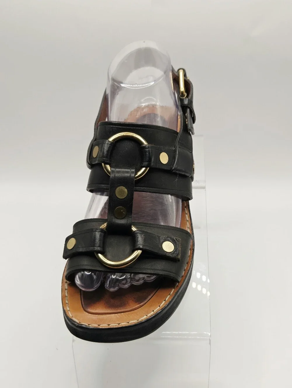 Celine Black Leather Sandal Size 37 EU US 7 Very Comforrable , Gold Detail